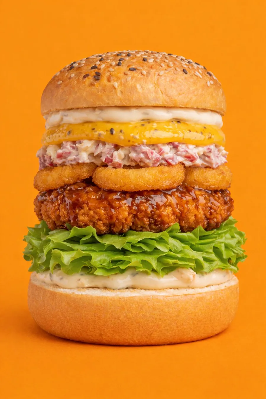 Sí, Acepto — Pan Not Martins, lechuga, pollo crujiente glaseado con teriyaki, coleslaw cremoso, aros de cebolla crujientes, semillas de sésamo, mostaza con miel y salsa Alioli